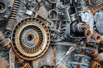 metal vintage machinery and engine parts gathered in patterns as steampunk background