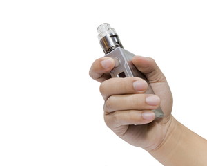 Man holding a big electronic cigarettes or vapor cigarette isolated on white background.