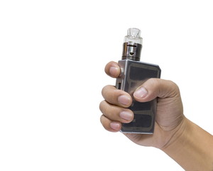 Man holding a big electronic cigarettes or vapor cigarette isolated on white background.