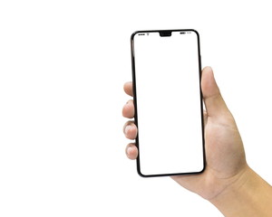 Man holding a black mobile phone and white screen isolated on a white background.