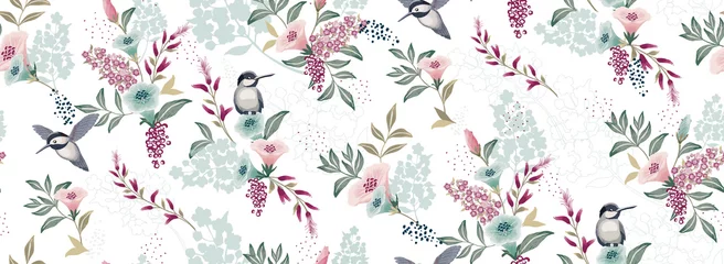 Wall murals White  Vector illustration of a seamless floral pattern with cute birds in spring for Wedding, anniversary, birthday and party. Design for banner, poster, card, invitation and scrapbook 