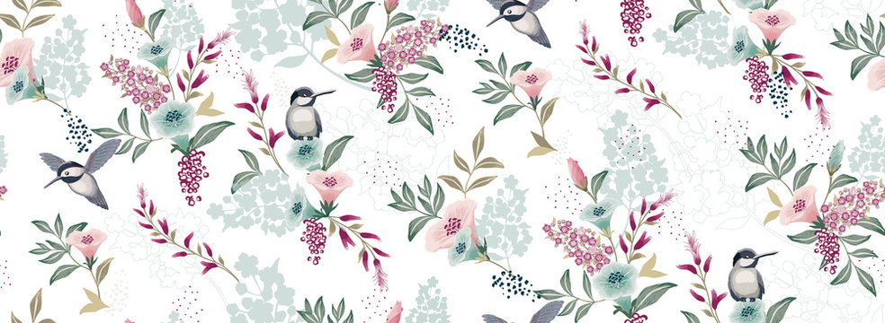  Vector illustration of a seamless floral pattern with cute birds in spring for Wedding, anniversary, birthday and party. Design for banner, poster, card, invitation and scrapbook 