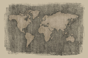 Dark old world map on vintage textured background with faded edges