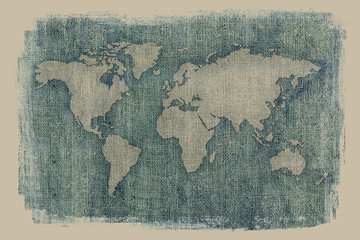 Dark old world map on vintage material linen background with faded edges