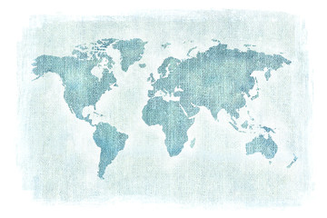 Textured illustration of map of the world with burlap linen background. White edges. Vintage style with stained edges.