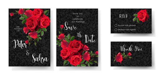 Set of red rose beautiful cards on texture black background , Wedding invite, invitation, save the date card with vector floral bouquet frame design-vector - Vector