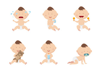 cute baby boy in various character such as sleeping, sitting, crying, playing, crawling.
