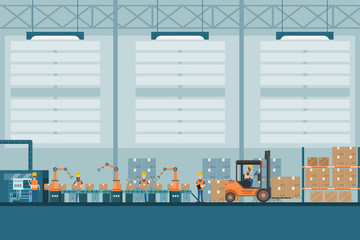 smart industrial factory in a flat style with workers, robots and assembly line packing
