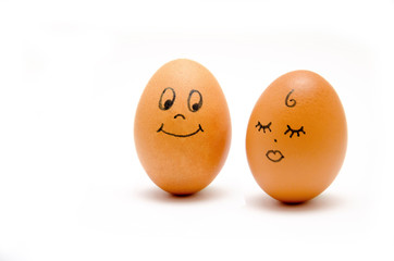 Eggs with painted emotions, psychology of feelings of sympathy and ignoring on a white background, with space for text