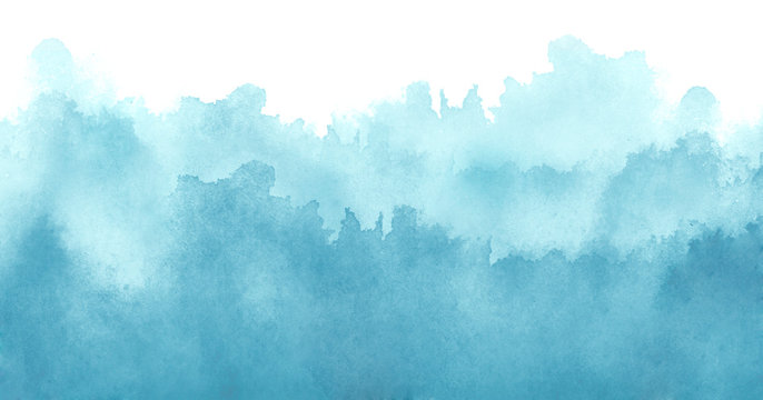 Watercolor blue background, blot, blob, splash of blue paint on white background. Abstract blue ink wash painting. Grunge texture. Blue abstract silhouette of the forest, fog.