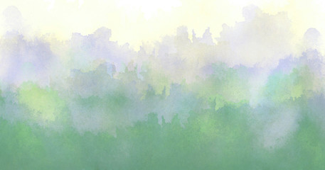 Watercolor abstract green spot, blot. Colorful vintage background, reminiscent of a forest landscape. Green outlines of the silhouette of the forest. Expressive abstract watercolor stain with splashes