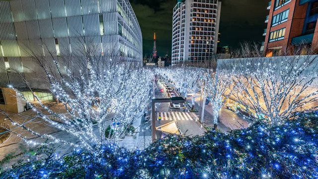 Timelapse Tracking Overview of Tokyo Tower thru Holiday Illumination in Tokyo