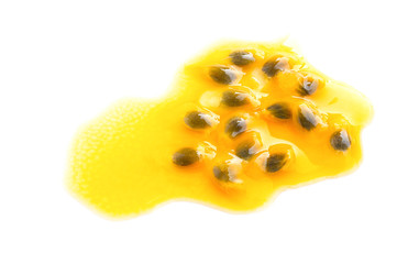 Passion fruit juice spread on white background , Isolated background..