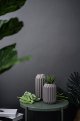 Isolated composition of gray ceramic vase with leaves branch on green metal side table in artificial plants and stack books scene on gray painted wall background / object isolation 