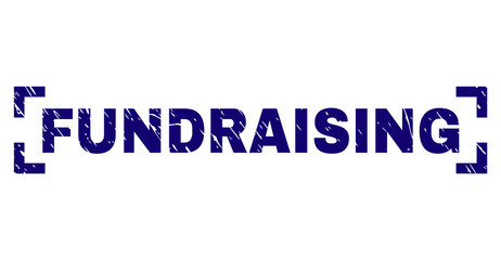 FUNDRAISING text seal print with distress texture. Text title is placed between corners. Blue vector rubber print of FUNDRAISING with dust texture.