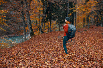 happy woman in the forest in autumn nature river yellow leaves