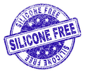 SILICONE FREE stamp seal imprint with grunge texture. Designed with rounded rectangles and circles. Blue vector rubber print of SILICONE FREE title with dust texture.