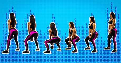 Exercise of deadlift with weight, performed by a sports woman , side view, on a bright pop art background with a blue background in the light-music style. Sports concept on the topic Zine culture