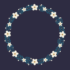 Floral greeting card and invitation template for wedding or birthday anniversary, Vector circle shape of text box label and frame, White flowers wreath ivy style with branch and leaves.