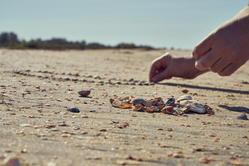 Girl lays out a drawing in the sand.