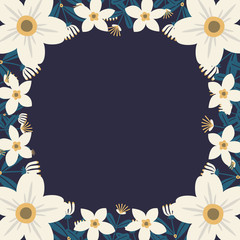 Floral greeting card and invitation template for wedding or birthday anniversary, Vector square shape of text box label and frame, White flowers wreath ivy style with branch and leaves.