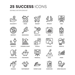 Set of 25 Success linear icons such as Solidarity, Rook, Rocket, Rivalry, Rise, Quick, Profits, Pawn, Partnership, vector illustration of trendy icon pack. Line icons with thin line stroke.