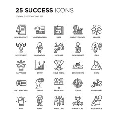 Set of 25 Success linear icons such as New product, Mortarboard, Maze, Market trends, Leader, Idea, Goal, Flowchart, First, vector illustration of trendy icon pack. Line icons with thin line stroke.