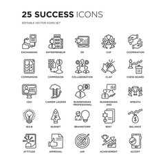Set of 25 Success linear icons such as Exchanging, Entrepreneur, De, Cup, Cooperation, Chess board, Wreath, Balance, Approval, vector illustration of trendy icon pack. Line icons with thin line