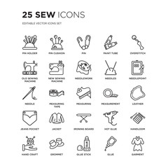 Set of 25 Sew linear icons such as Pin holder, cushion, Pin, Paint tube, Overstitch, needlepoint, Leather, handloom, vector illustration of trendy icon pack. Line icons with thin line stroke.
