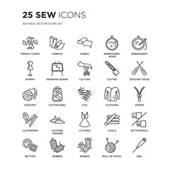 Set of 25 Sew linear icons such as French curve, Fabrics, Fabric, Embroidery hoop, Embroidery, crochet hook, Zipper, vector illustration of trendy icon pack. Line icons with thin line stroke.