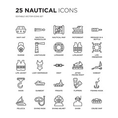 Set of 25 Nautical linear icons such as Navy Hat, Monocular, nautical Map, motorboat, Message In a Bottle, vector illustration of trendy icon pack. Line icons with thin line stroke.