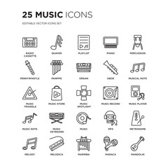 Set of 25 Music linear icons such as Radio cassette, Quaver, Playlist, Piano, Percussion, Musical Note, player, vector illustration of trendy icon pack. Line icons with thin line stroke.