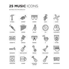 Set of 25 Music linear icons such as Cymbal, cornet, Conga, Clef, Clave, Castanets, Zither, Bagpipes, Album, Accordion, vector illustration of trendy icon pack. Line icons with thin line stroke.