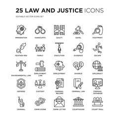 Set of 25 law and justice linear icons such as immigration, Handcuffs, Guilty, Gavel, Footprint, Escape, diplomacy, vector illustration of trendy icon pack. Line icons with thin line stroke.