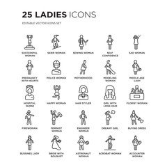 Set of 25 Ladies linear icons such as Successful woman, Skier Woman, Sewing Self Confidence, Sad Middle Age Lady, vector illustration of trendy icon pack. Line icons with thin line stroke.