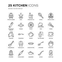 Set of 25 Kitchen linear icons such as yogurt maker, wok, Wine bottle, Whisk, waffle iron, tongs, Tea cup, stew pot, vector illustration of trendy icon pack. Line icons with thin line stroke.