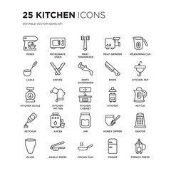 Set of 25 Kitchen linear icons such as Mixer, Microwave oven, meat tenderizer, Meat grinder, Measuring cup, kitchen Tap, vector illustration of trendy icon pack. Line icons with thin line stroke.