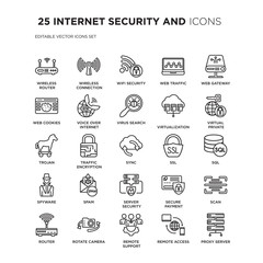 Set of 25 INTERNET SECURITY AND linear icons such as Wireless router, connection, Wifi security, web traffic, vector illustration of trendy icon pack. Line icons with thin line stroke.