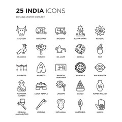 Set of 25 india linear icons such as Sac cow, Rickshaw, Ricksaw, ratha-yatra, Rangoli, Nut, Malai kofta, Kumbh kalash, Krishna, vector illustration of trendy icon pack. Line icons with thin line