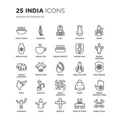 Set of 25 india linear icons such as Kanji vadas, Kandeel, Kali, Kalasha, Indra, indian Goddess, Badge, vector illustration of trendy icon pack. Line icons with thin line stroke.