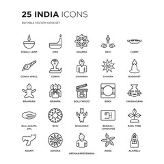 Set of 25 india linear icons such as Diwali lamp, Dipa, Dharma, Devi, Curry, buddhist, yakshagana, Bael tree, Ashoka, Alamelu, vector illustration of trendy icon pack. Line icons with thin line