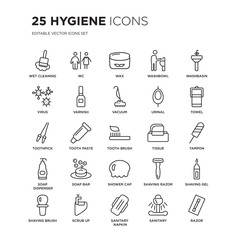 Set of 25 Hygiene linear icons such as wet cleaning, Wc, Wax, Washbowl, Washbasin, Towel, Tampon, shaving gel, scrub up, Razor, vector illustration of trendy icon pack. Line icons with thin line