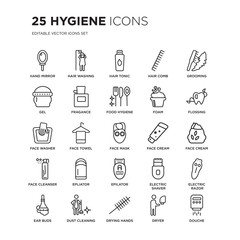 Set of 25 Hygiene linear icons such as Hand mirror, Hair washing, hair tonic, comb, grooming, flossing, face cream, vector illustration of trendy icon pack. Line icons with thin line stroke.
