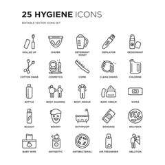 Set of 25 Hygiene linear icons such as dolled up, Diaper, Detergent dose?, Depilator, Deodorant, Chlorine, Wipes, Bacteria, vector illustration of trendy icon pack. Line icons with thin line stroke.