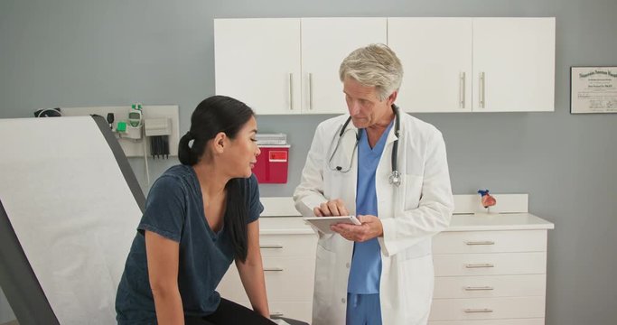 Doctor with tablet computer in exam room listening to female patient