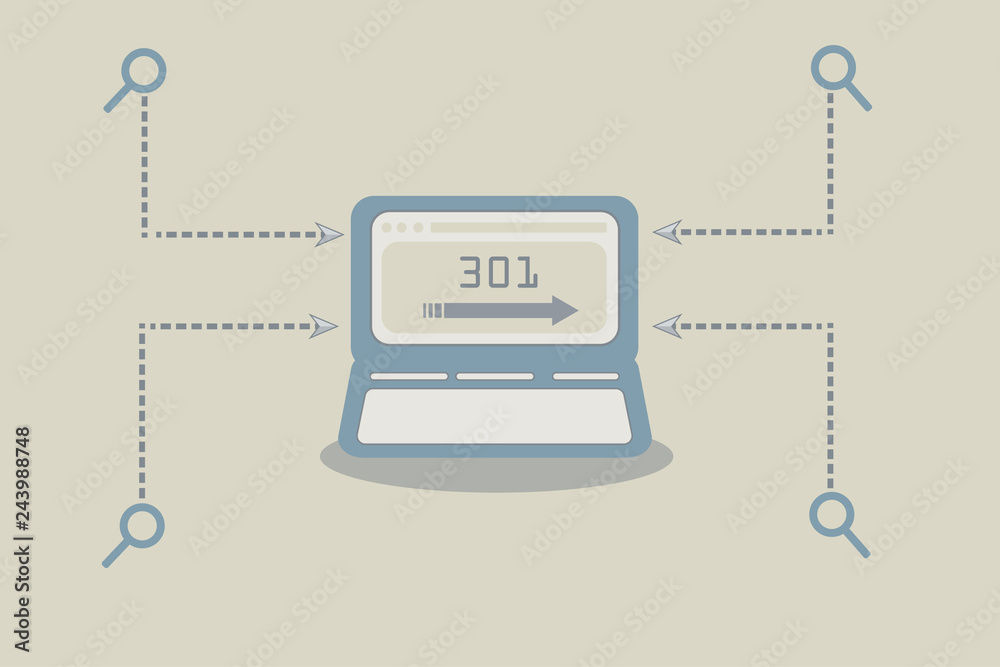 Fototapete 301 redirection website concept. number 301 and arrow sign on laptop screen.