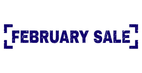FEBRUARY SALE text seal print with distress texture. Text caption is placed inside corners. Blue vector rubber print of FEBRUARY SALE with corroded texture.