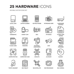 Set of 25 hardware linear icons such as Local disk, Laptop Screen, Keypad Phone, Keyboard Wire, Hardware Hotspot, vector illustration of trendy icon pack. Line icons with thin line stroke.