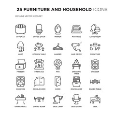 Set of 25 FURNITURE AND HOUSEHOLD linear icons such as Ottoman, Office chair, Mirror, Mattress, Livingroom, Furniture, Dresser, vector illustration of trendy icon pack. Line icons with thin line