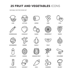 Set of 25 FRUIT AND VEGETABLES linear icons such as Lime, Lettuce, Lemon, Leek, Kiwi, Grape, Fig, Cucumber, Coconut, Celery, vector illustration of trendy icon pack. Line icons with thin line stroke.
